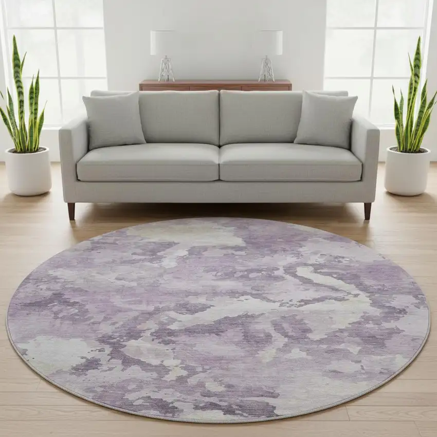 8' X 8' Lavender And Ivory Abstract Washable Round Rug With UV Protection Photo 2