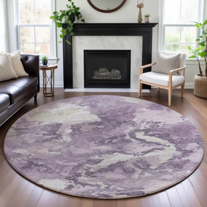 8' X 8' Lavender And Ivory Abstract Washable Round Rug With UV Protection Photo 4
