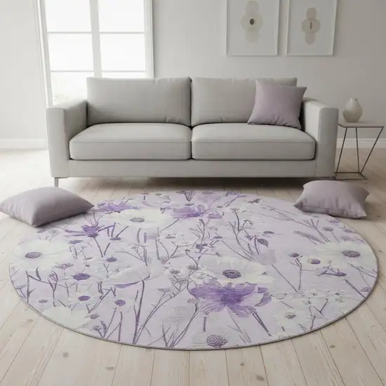 8' X 8' Lavender And Ivory Floral Washable Round Rug With UV Protection Photo 2