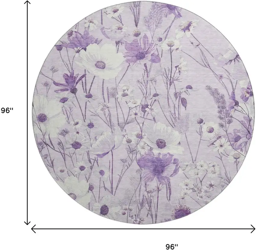 8' X 8' Lavender And Ivory Floral Washable Round Rug With UV Protection Photo 9