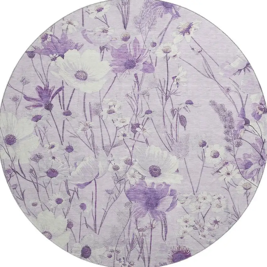 8' X 8' Lavender And Ivory Floral Washable Round Rug With UV Protection Photo 3