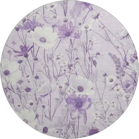 8' X 8' Lavender And Ivory Floral Washable Round Rug With UV Protection Photo 1