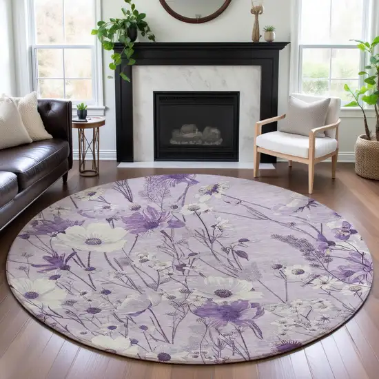 8' X 8' Lavender And Ivory Floral Washable Round Rug With UV Protection Photo 4