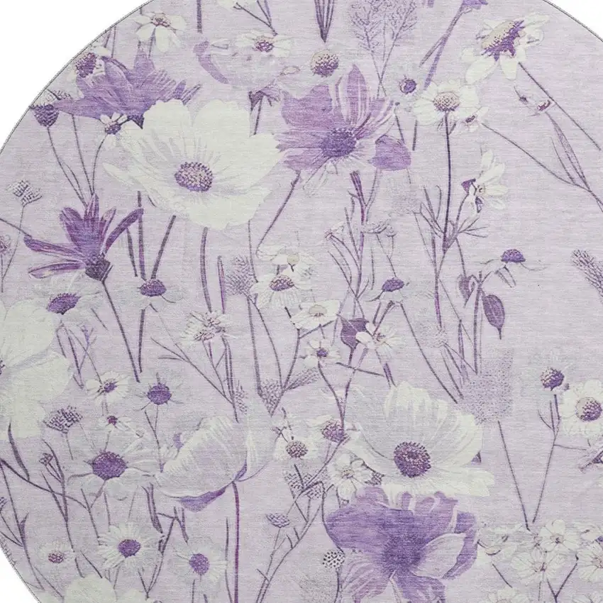 8' X 8' Lavender And Ivory Floral Washable Round Rug With UV Protection Photo 2