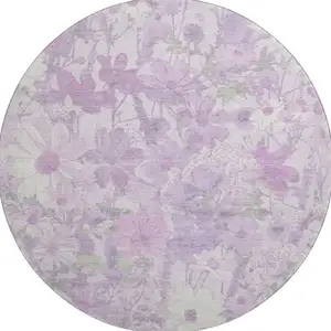 Photo of 8' X 8' Lavender And Ivory Floral Washable Round Rug With UV Protection