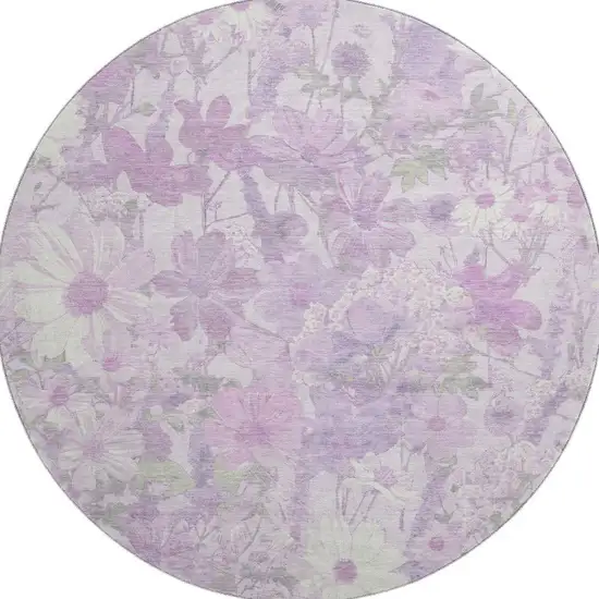 8' X 8' Lavender And Ivory Floral Washable Round Rug With UV Protection Photo 2