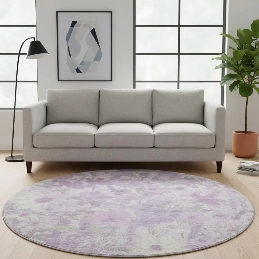 8' X 8' Lavender And Ivory Floral Washable Round Rug With UV Protection Photo 2