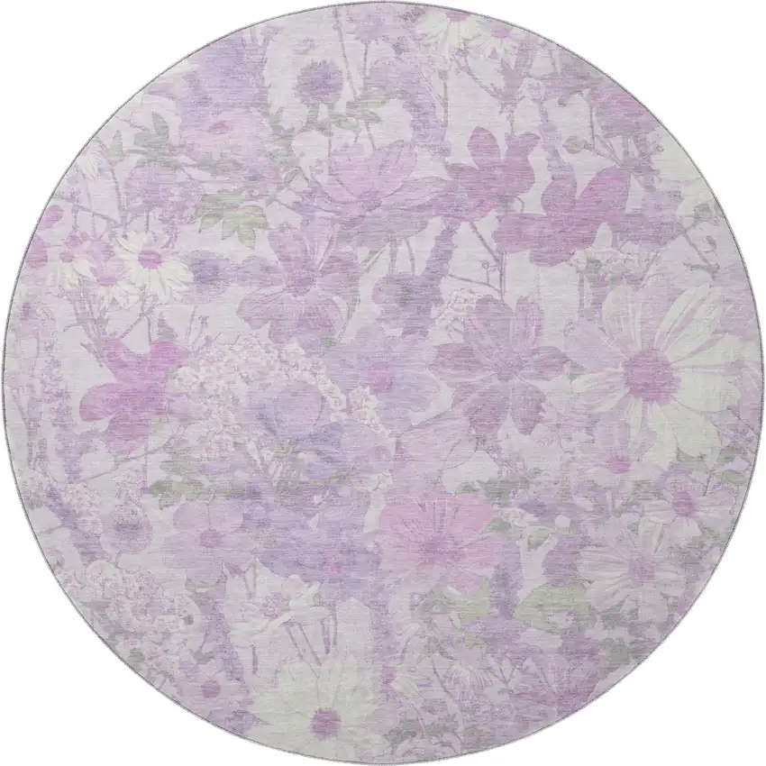 8' X 8' Lavender And Ivory Floral Washable Round Rug With UV Protection Photo 3