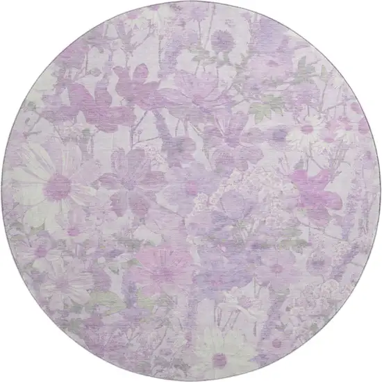 8' X 8' Lavender And Ivory Floral Washable Round Rug With UV Protection Photo 1