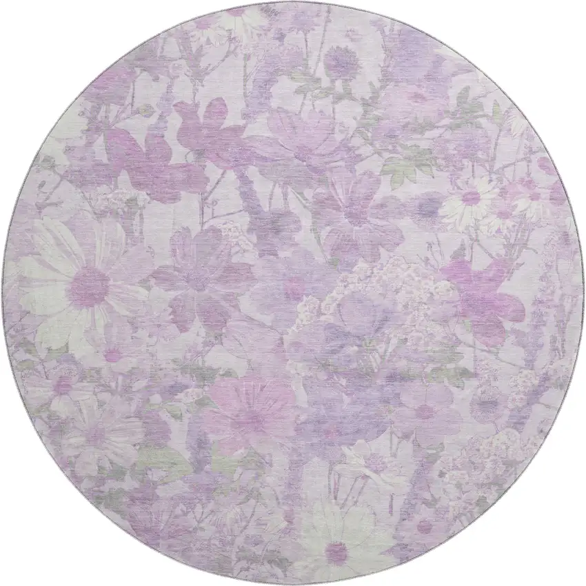 8' X 8' Lavender And Ivory Floral Washable Round Rug With UV Protection Photo 1