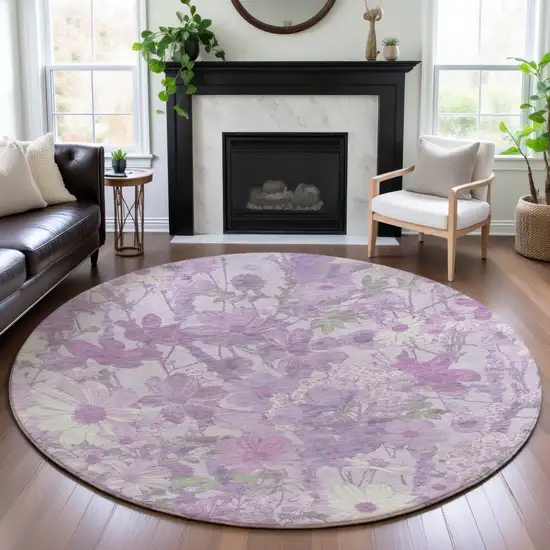 8' X 8' Lavender And Ivory Floral Washable Round Rug With UV Protection Photo 4