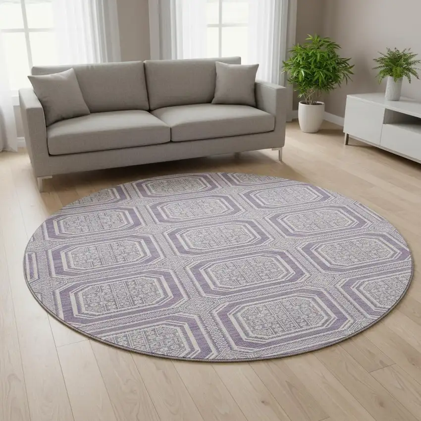 8' X 8' Lavender And Ivory Geometric Washable Round Rug With UV Protection Photo 2