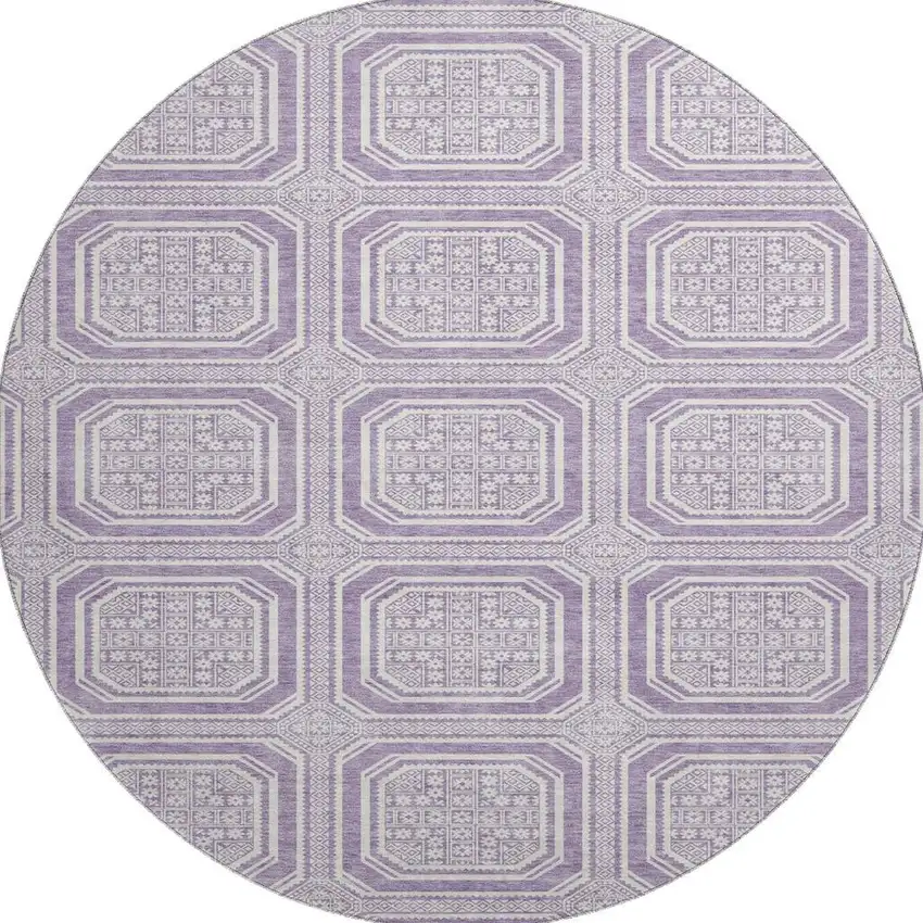 8' X 8' Lavender And Ivory Geometric Washable Round Rug With UV Protection Photo 3