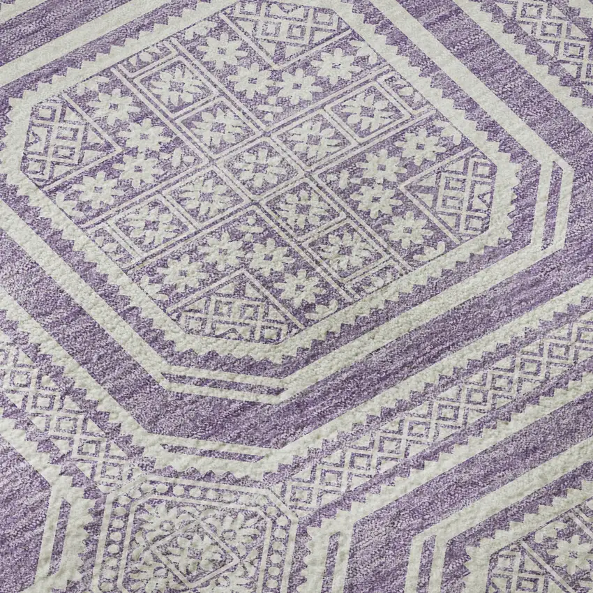 8' X 8' Lavender And Ivory Geometric Washable Round Rug With UV Protection Photo 8