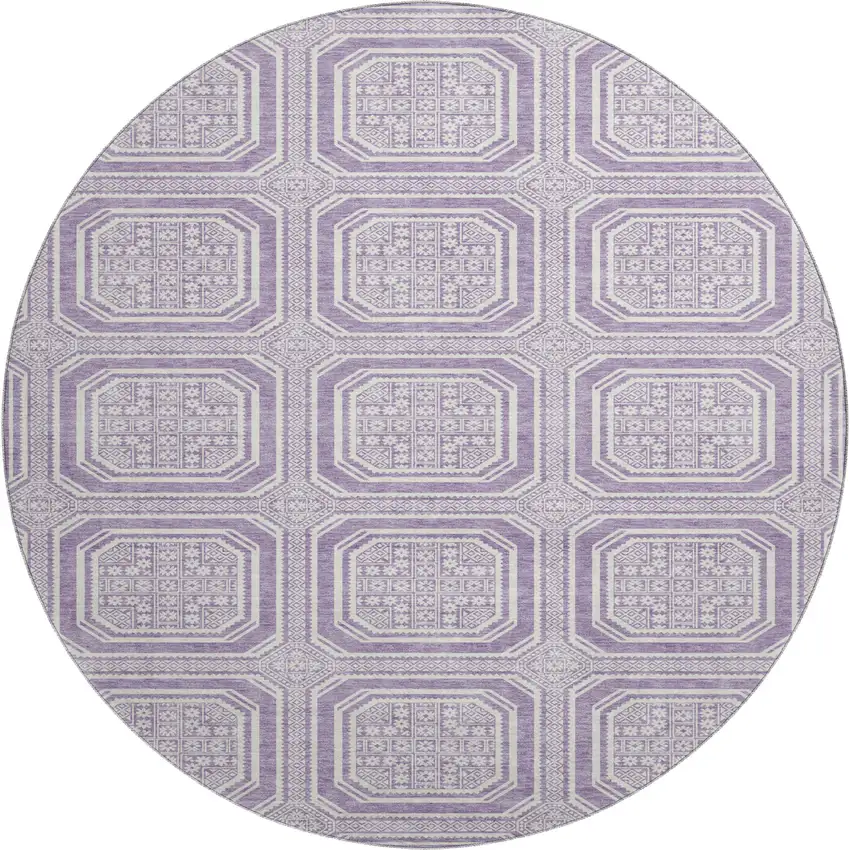 8' X 8' Lavender And Ivory Geometric Washable Round Rug With UV Protection Photo 1