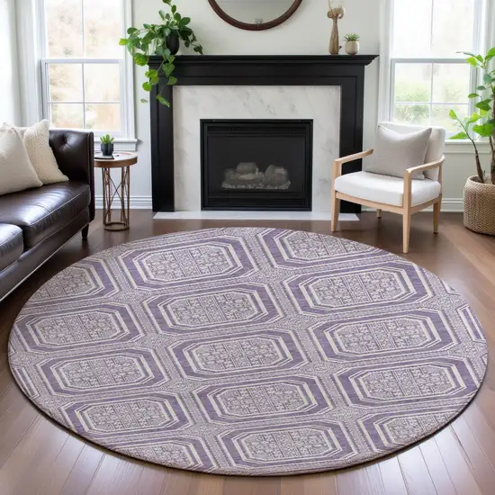 8' X 8' Lavender And Ivory Geometric Washable Round Rug With UV Protection Photo 4