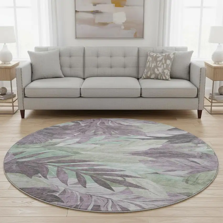 8' X 8' Lavender And Mint Green Floral Washable Round Rug With UV Protection Photo 2