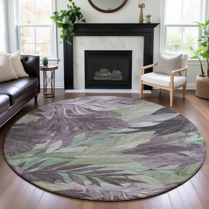 8' X 8' Lavender And Mint Green Floral Washable Round Rug With UV Protection Photo 4