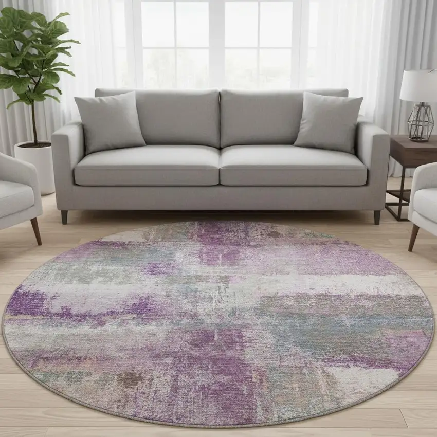 8' X 8' Lavender Blue And Ivory Abstract Washable Round Rug With UV Protection Photo 2