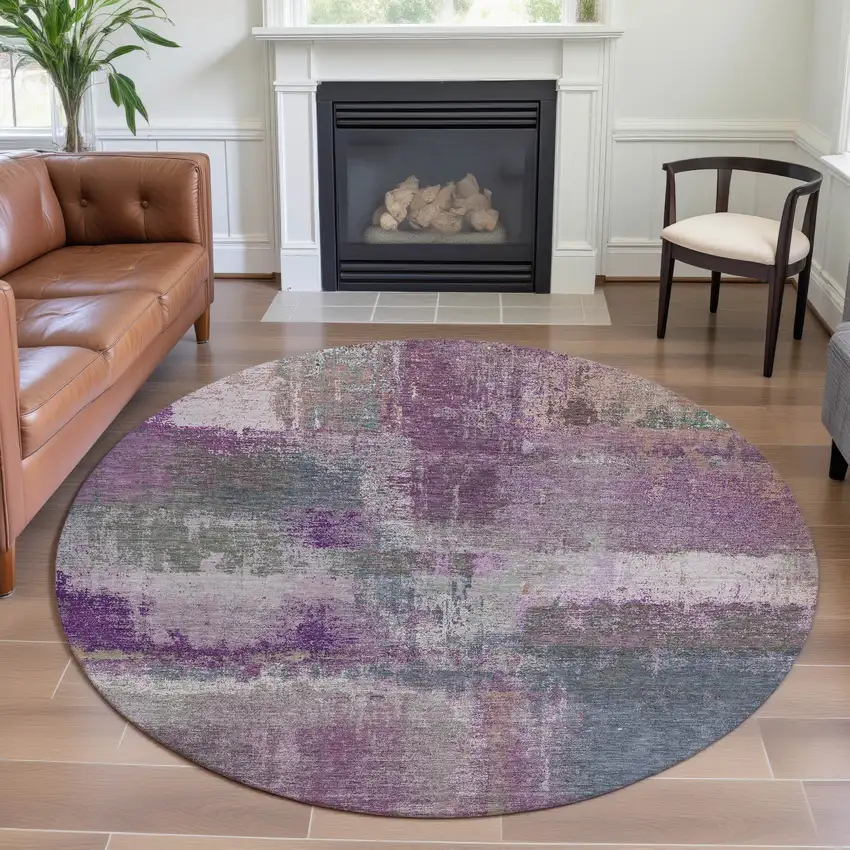 8' X 8' Lavender Blue And Ivory Abstract Washable Round Rug With UV Protection Photo 4