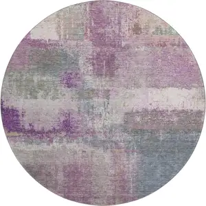 Photo of 8' X 8' Lavender Blue And Ivory Abstract Washable Round Rug With UV Protection