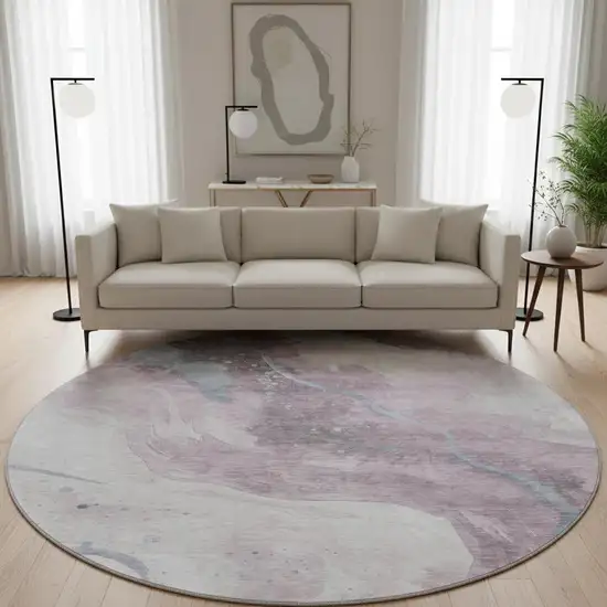 8' X 8' Lavender Blue And Ivory Abstract Washable Round Rug With UV Protection Photo 2