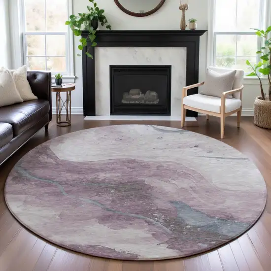 8' X 8' Lavender Blue And Ivory Abstract Washable Round Rug With UV Protection Photo 3