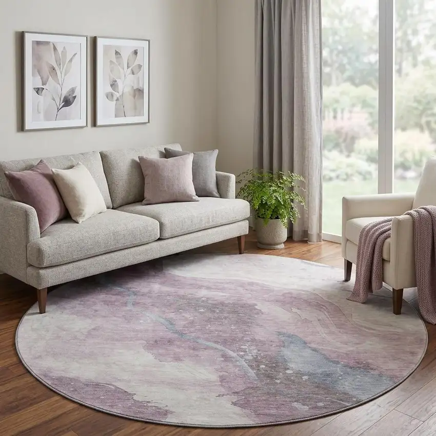 8' X 8' Lavender Blue And Ivory Abstract Washable Round Rug With UV Protection Photo 1