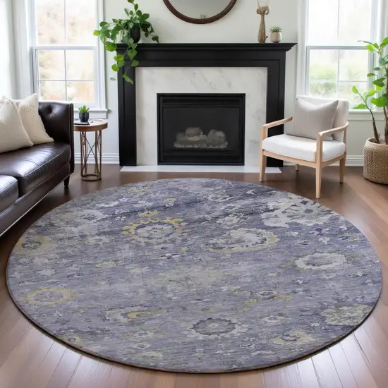8' X 8' Lavender Gold And Ivory Oriental Washable Round Rug With UV Protection Photo 4