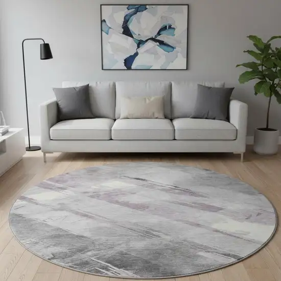 8' X 8' Lavender Gray And Silver Striped Washable Round Rug With UV Protection Photo 2