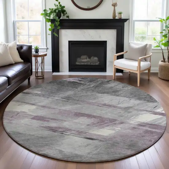 8' X 8' Lavender Gray And Silver Striped Washable Round Rug With UV Protection Photo 3