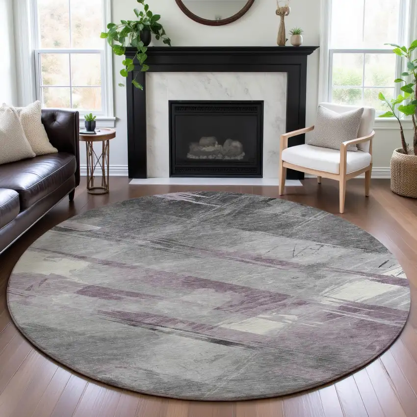 8' X 8' Lavender Gray And Silver Striped Washable Round Rug With UV Protection Photo 3