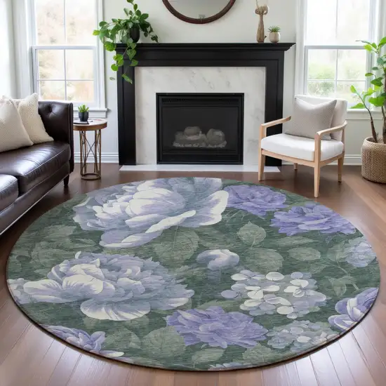 8' X 8' Lavender Green And Ivory Floral Washable Round Rug With UV Protection Photo 4