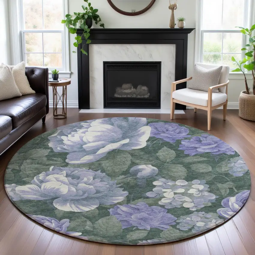 8' X 8' Lavender Green And Ivory Floral Washable Round Rug With UV Protection Photo 4