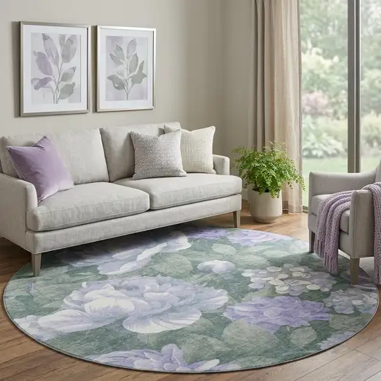 8' X 8' Lavender Green And Ivory Floral Washable Round Rug With UV Protection Photo 1