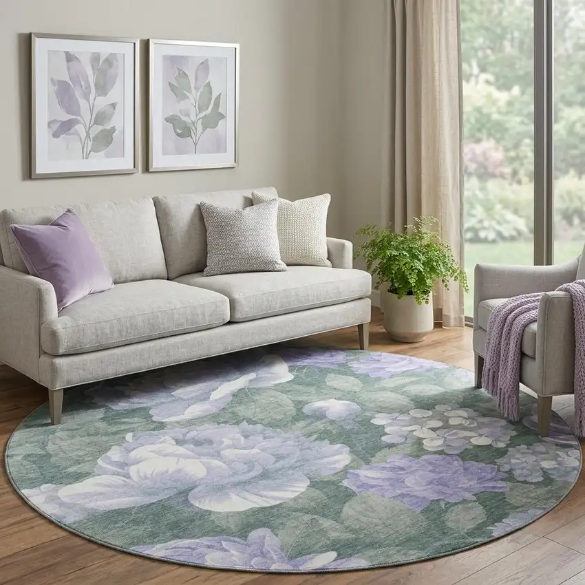 8' X 8' Lavender Green And Ivory Floral Washable Round Rug With UV Protection Photo 1