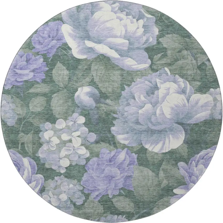 8' X 8' Lavender Green And Ivory Floral Washable Round Rug With UV Protection Photo 3