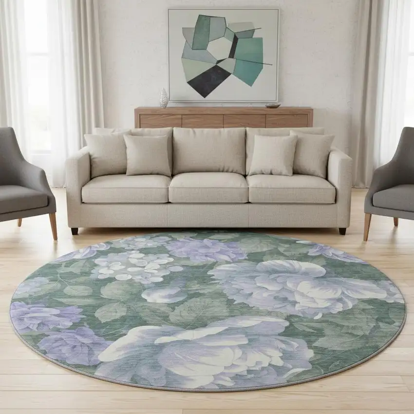 8' X 8' Lavender Green And Ivory Floral Washable Round Rug With UV Protection Photo 2
