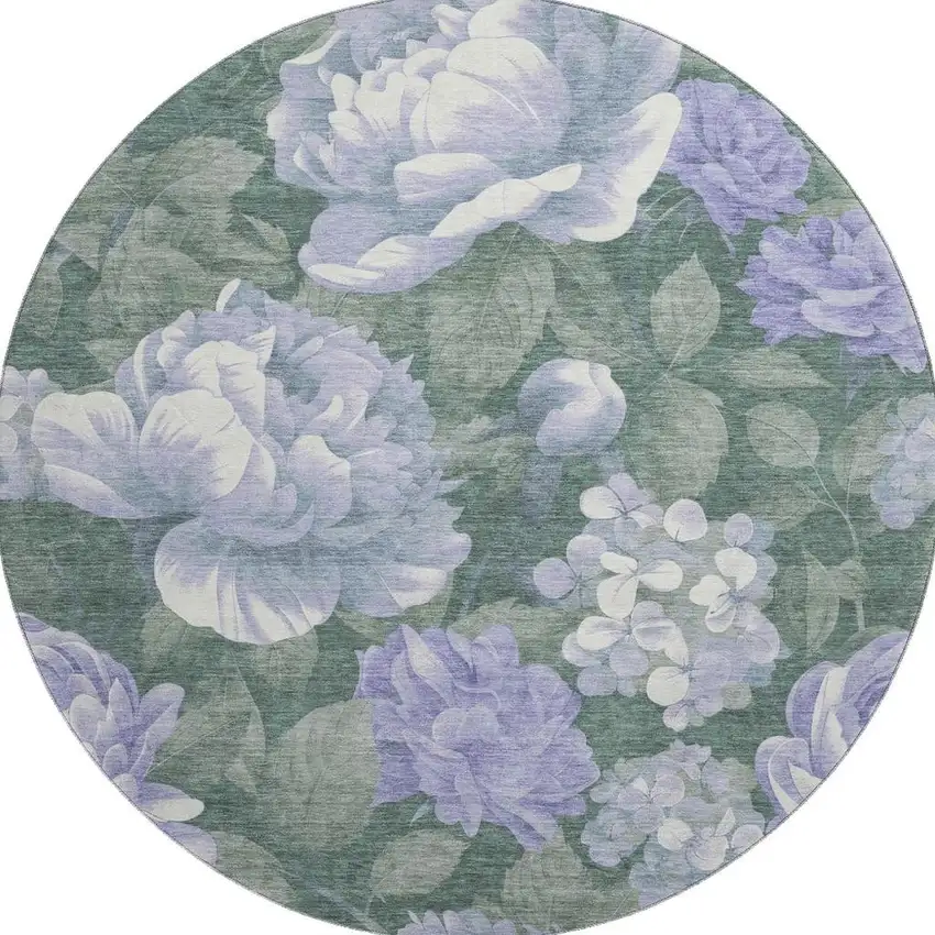 8' X 8' Lavender Green And Ivory Floral Washable Round Rug With UV Protection Photo 2