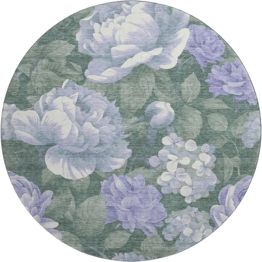 8' X 8' Lavender Green And Ivory Floral Washable Round Rug With UV Protection Photo 1