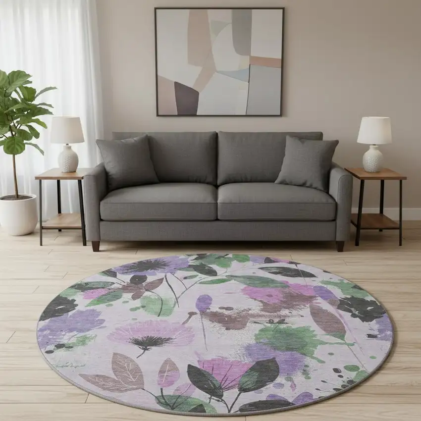 8' X 8' Lavender Green And Mauve Floral Washable Round Rug With UV Protection Photo 2