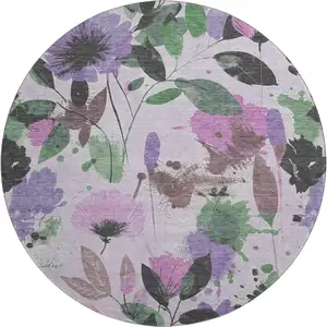 Photo of 8' X 8' Lavender Green And Mauve Floral Washable Round Rug With UV Protection