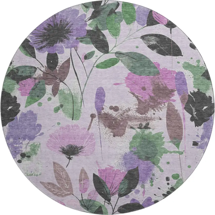 8' X 8' Lavender Green And Mauve Floral Washable Round Rug With UV Protection Photo 1