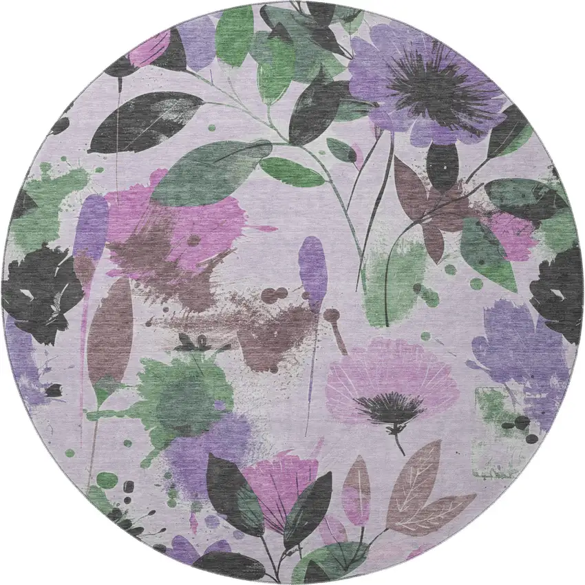 8' X 8' Lavender Green And Mauve Floral Washable Round Rug With UV Protection Photo 2