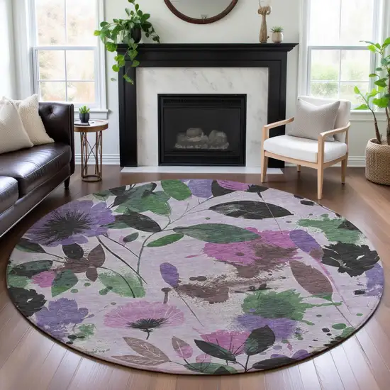 8' X 8' Lavender Green And Mauve Floral Washable Round Rug With UV Protection Photo 3