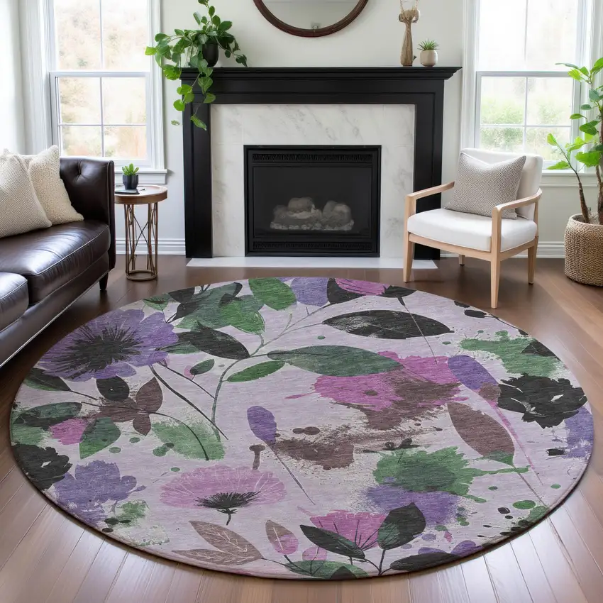 8' X 8' Lavender Green And Mauve Floral Washable Round Rug With UV Protection Photo 3