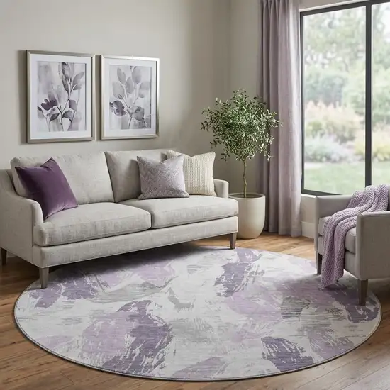 8' X 8' Lavender Ivory And Gray Abstract Washable Round Rug With UV Protection Photo 1