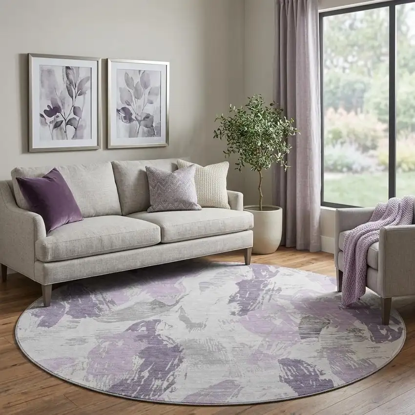 8' X 8' Lavender Ivory And Gray Abstract Washable Round Rug With UV Protection Photo 1