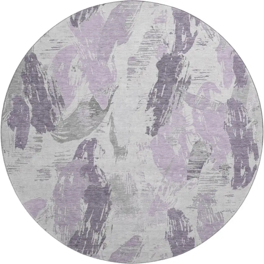 8' X 8' Lavender Ivory And Gray Abstract Washable Round Rug With UV Protection Photo 1
