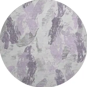 Photo of 8' X 8' Lavender Ivory And Gray Abstract Washable Round Rug With UV Protection